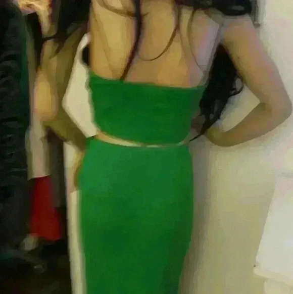 Forever 21 green bandeau fitted strtch trend sexy party casual 2 piece knitset S - Picture 3 of 4